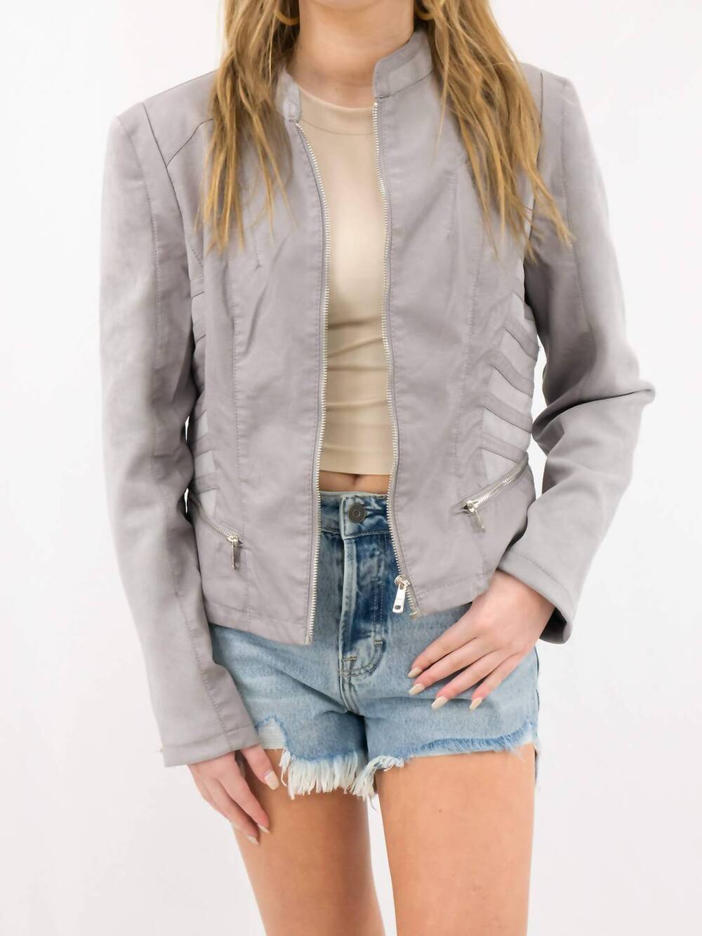 NEW COUSIN THE LABEL faux leather moto jacket in gray